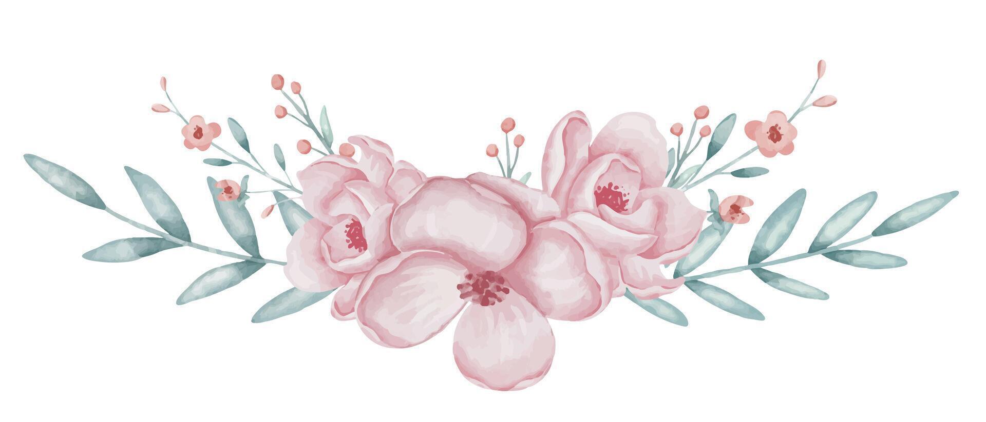 Watercolor floral illustration with pink roses, eucalyptus leaves, and soft pastel hues. Botanical drawing with Flowers for wedding invitations, greeting cards, baby showers or birthday templates. vector
