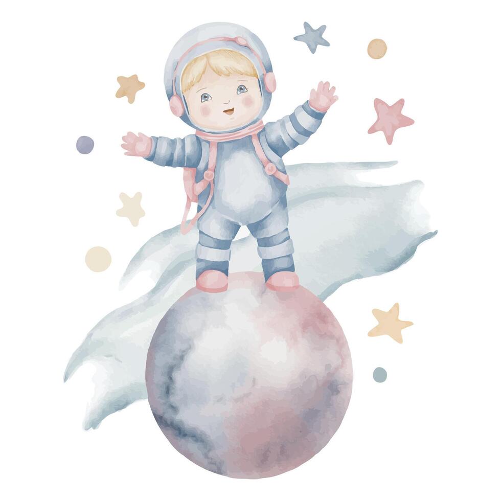 Watercolor illustration of Child Astronaut standing on a pastel Planet, surrounded by stars and cosmic swirls. Drawing of kid an Space for nursery art, birthday cards or baby shower invitations. vector