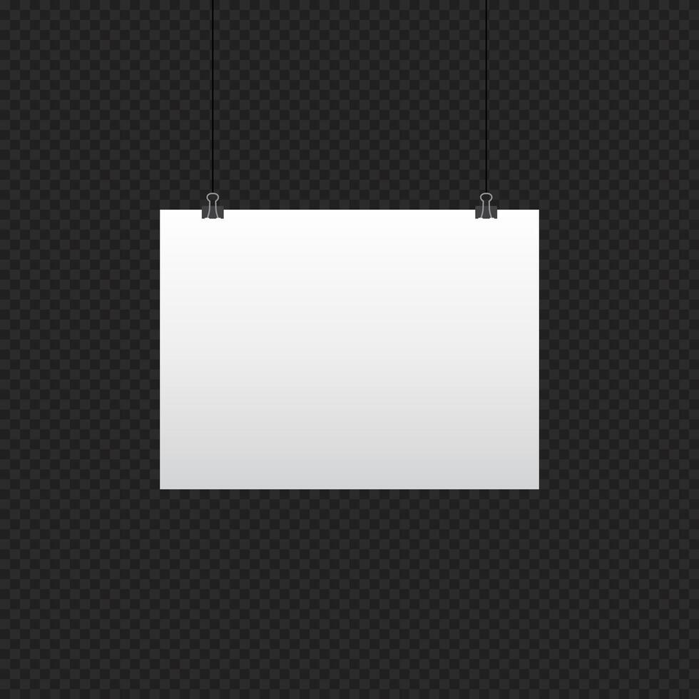 Paper hanging on clip. Poster mockup with white frame. Poster hanging on rope with clips. Realistic empty banner. illustration vector