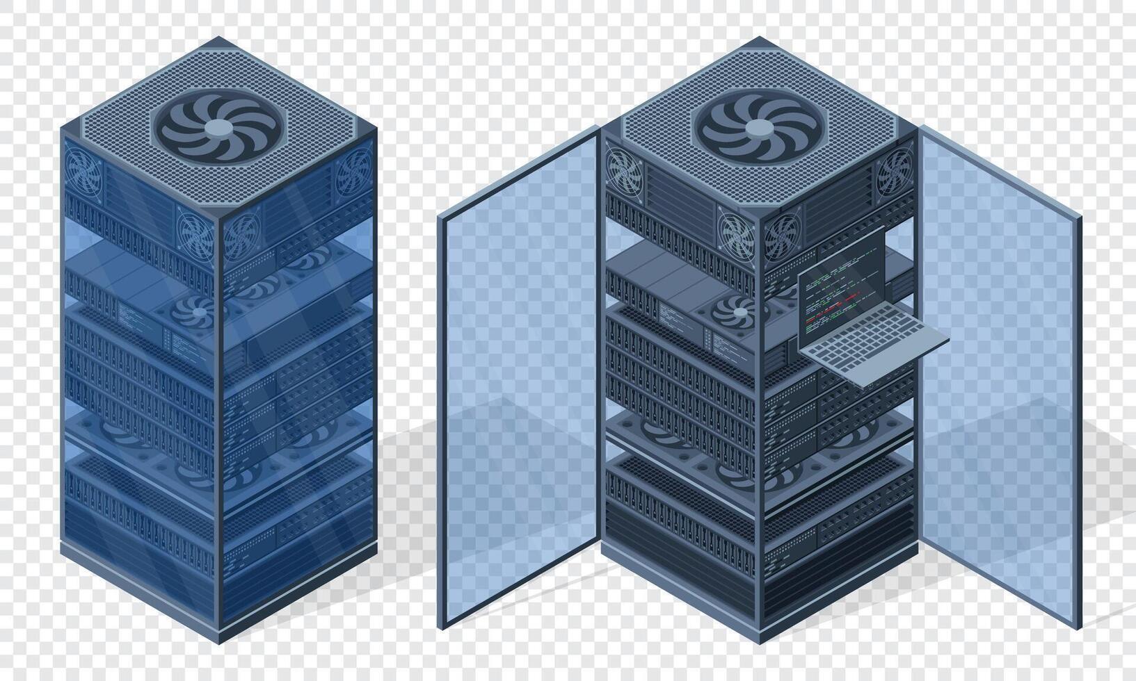 Isometric server. Server racks. Server boxes isolated. Network server room. Computer network technology. illustration vector
