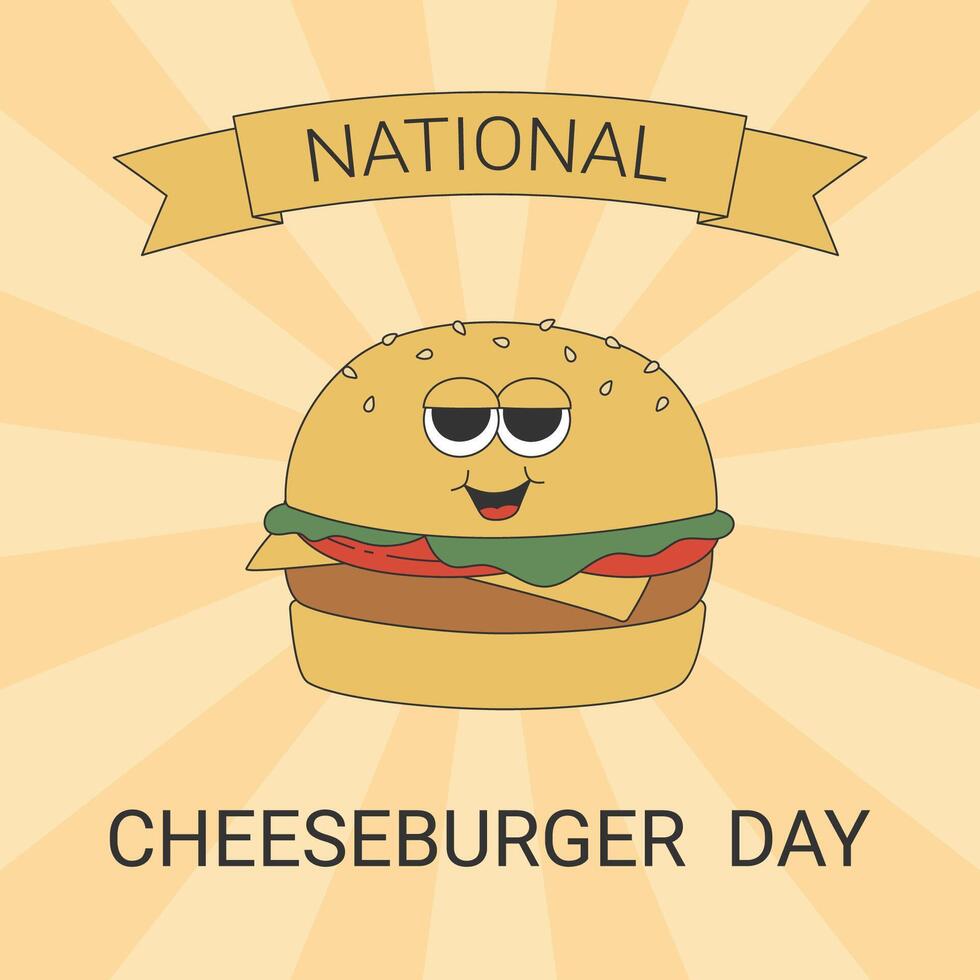 National Cheeseburger Day with groovy hippie burger. Banner template with cartoon character in trendy retro style. vector