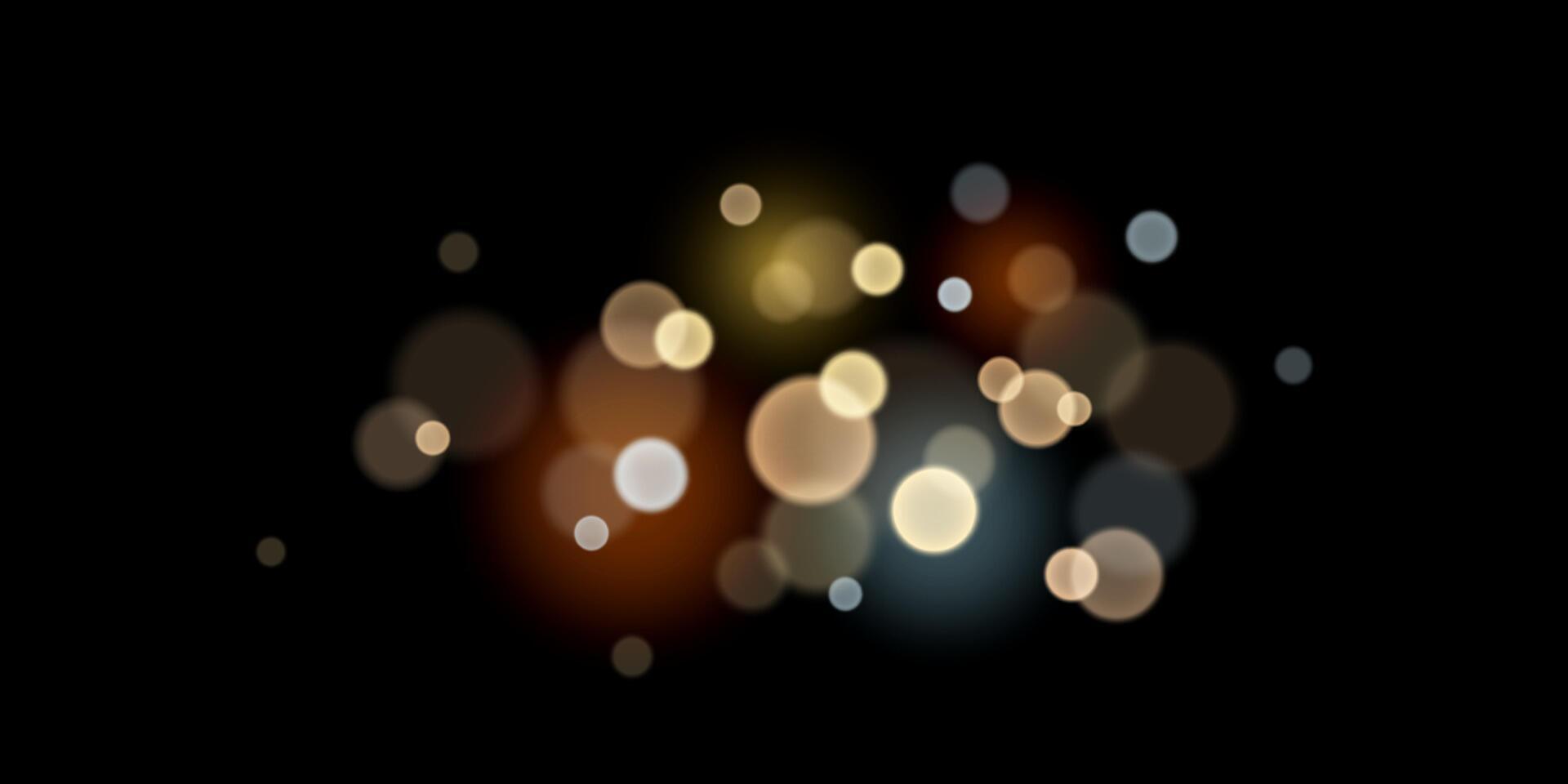 Bokeh lights. Blurred bokeh on black background. Blurred circle shapes. Shine, glitter, sparkles, dust. Glowing backdrop for Christmas, New Year, birthday, banner, background vector