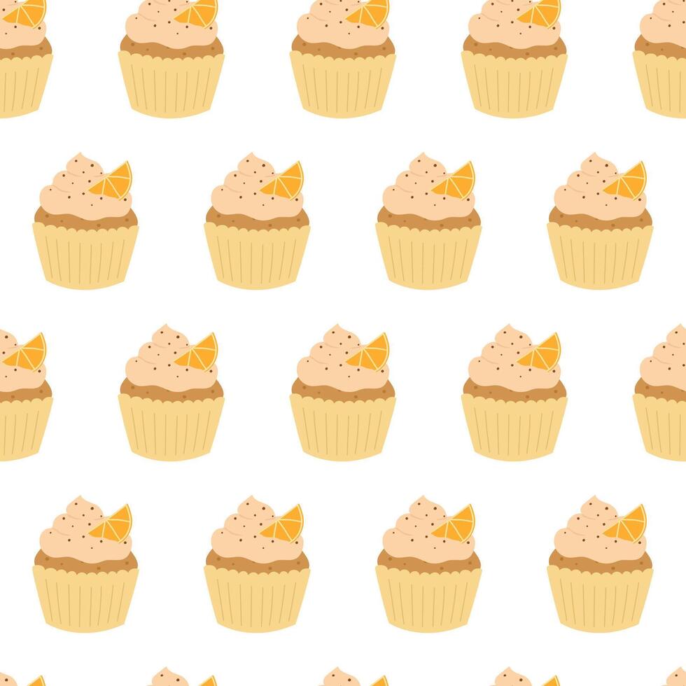 Seamless pattern of cupcakes with cream and orange slice on white background. Hand drawn doodle style vector