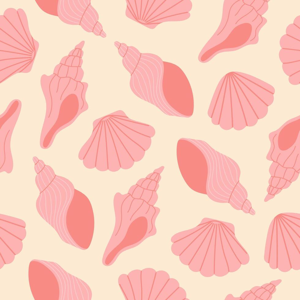 Seamless pattern with hand drawn pink seashell on light pink background. Template for print, fabric, greeting card and invitation. vector