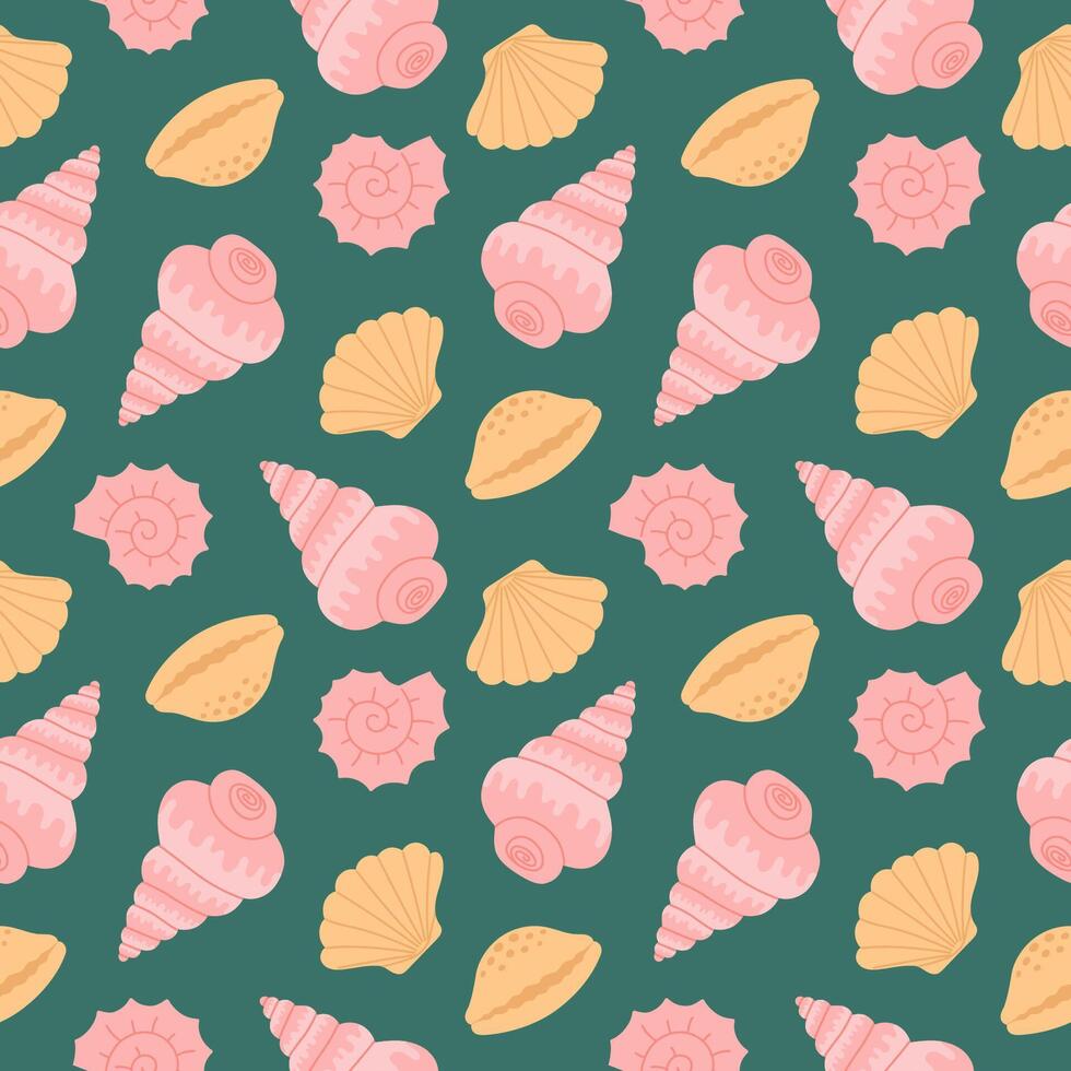 Seamless pattern with hand drawn pink and beige seashell on emerald green background. Template for print, fabric, greeting card and invitation. vector