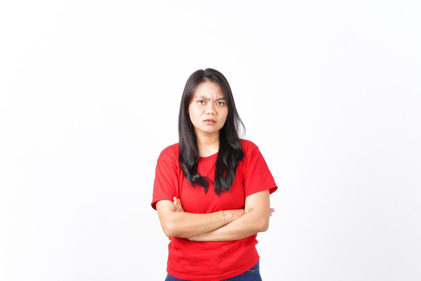 Angry face and gesture Of Beautiful Asian Woman wearing red shirt Isolated On White Background photo