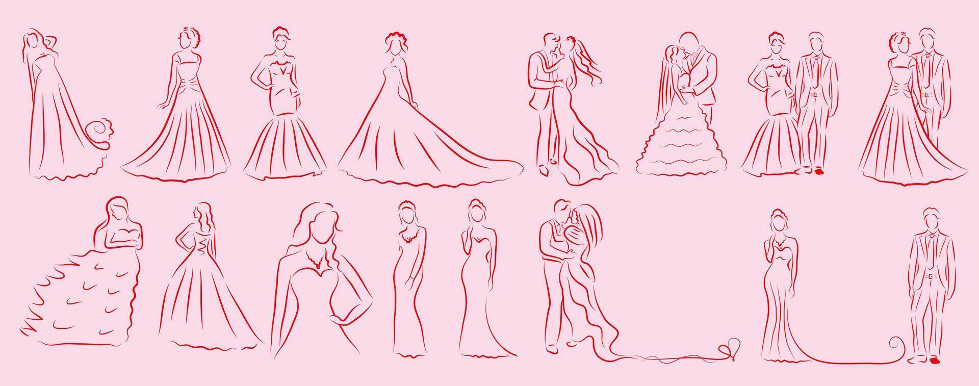 Whimsical coquette Wedding red and pink line set. Single one line drawing happy cute married man and woman. Bridal an groom. Modern graphic design concepts. illustration vector