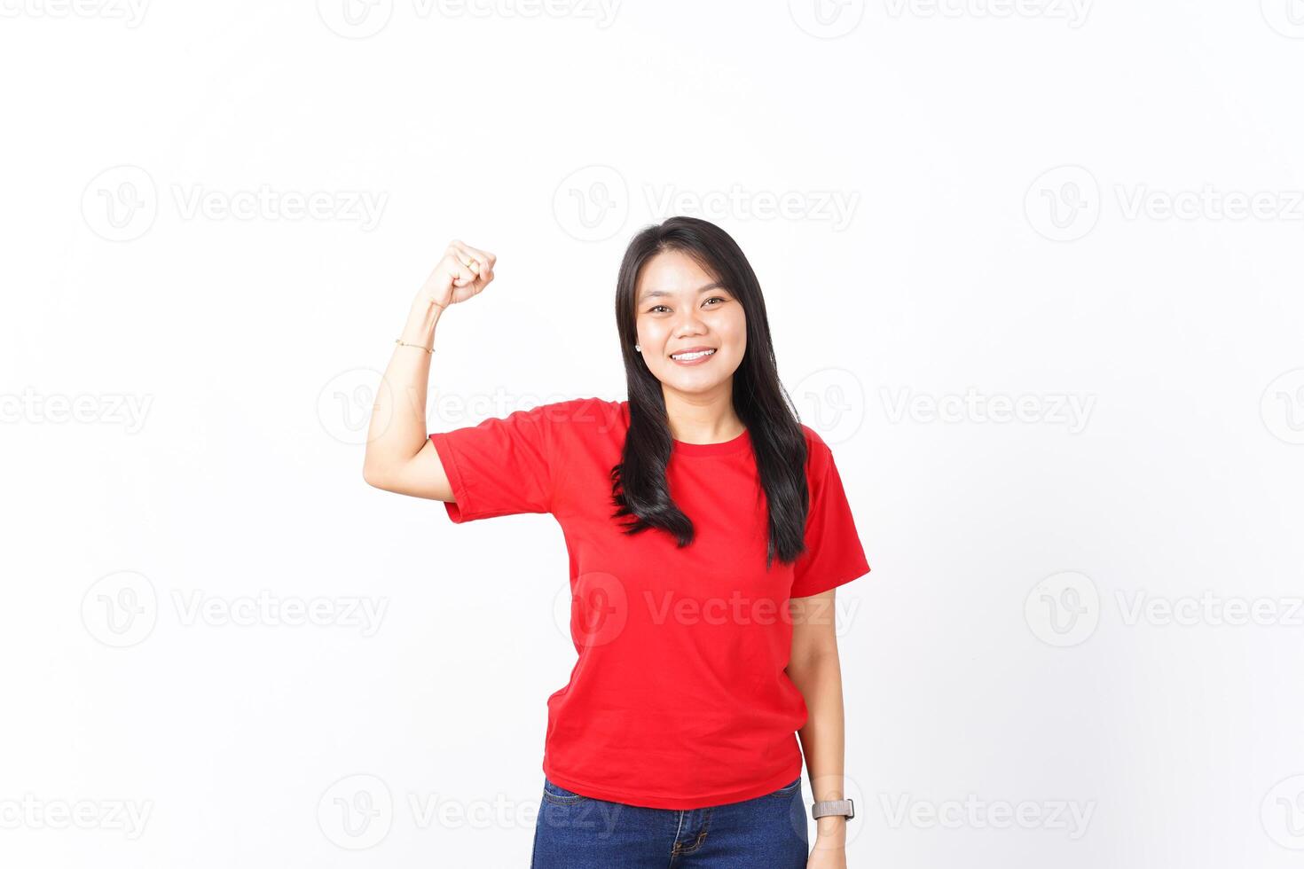 Showing strength and rise arms Of Beautiful Asian Woman wearing red shirt Isolated On White Background photo