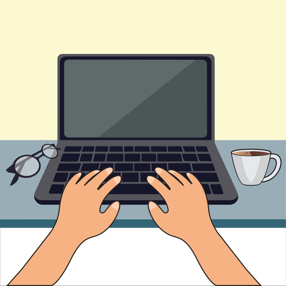 Hands On Laptop Keyboard With Blank Screen Monitor.Top View Of Study Desk With Laptop, Notebook, Coffee Cup And spectacles vector