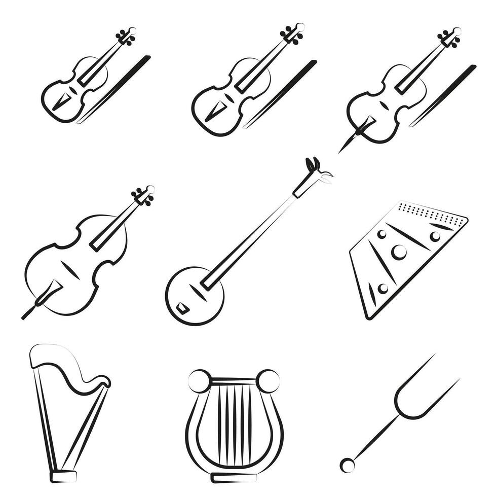 Set of symphonic string musical instruments. Set of stringed instruments with title in thin line. vector