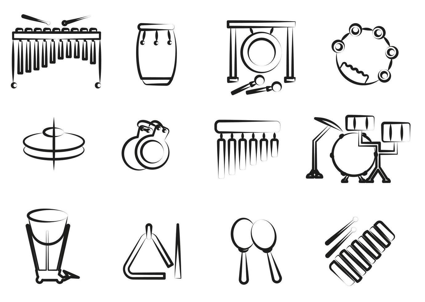 Thin line set of percussion musical instruments. Percussion instruments with a name. vector