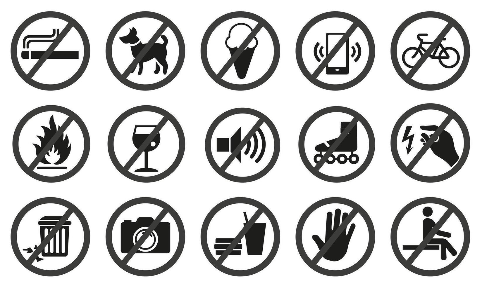 Prohibition signs. Dark signs with dark silhouettes. Useful and necessary prohibited signs. vector