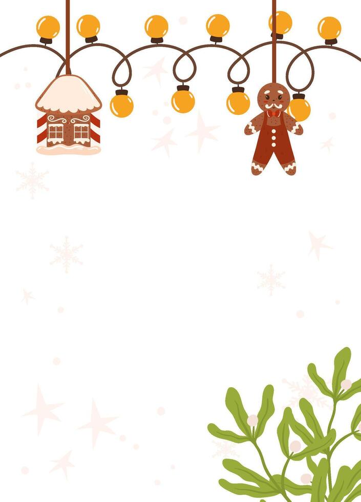 Festive Poster template frame featuring a gingerbread house, gingerbread man, yellow string lights, greenery, and a light peach background with blank space. vector