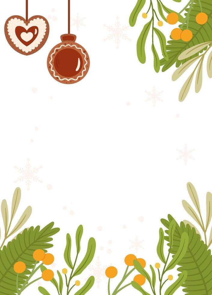 Festive Poster template frame heart-shaped and round gingerbread ornaments, greenery, yellow berries, and snowflakes on a light background with blank space. vector