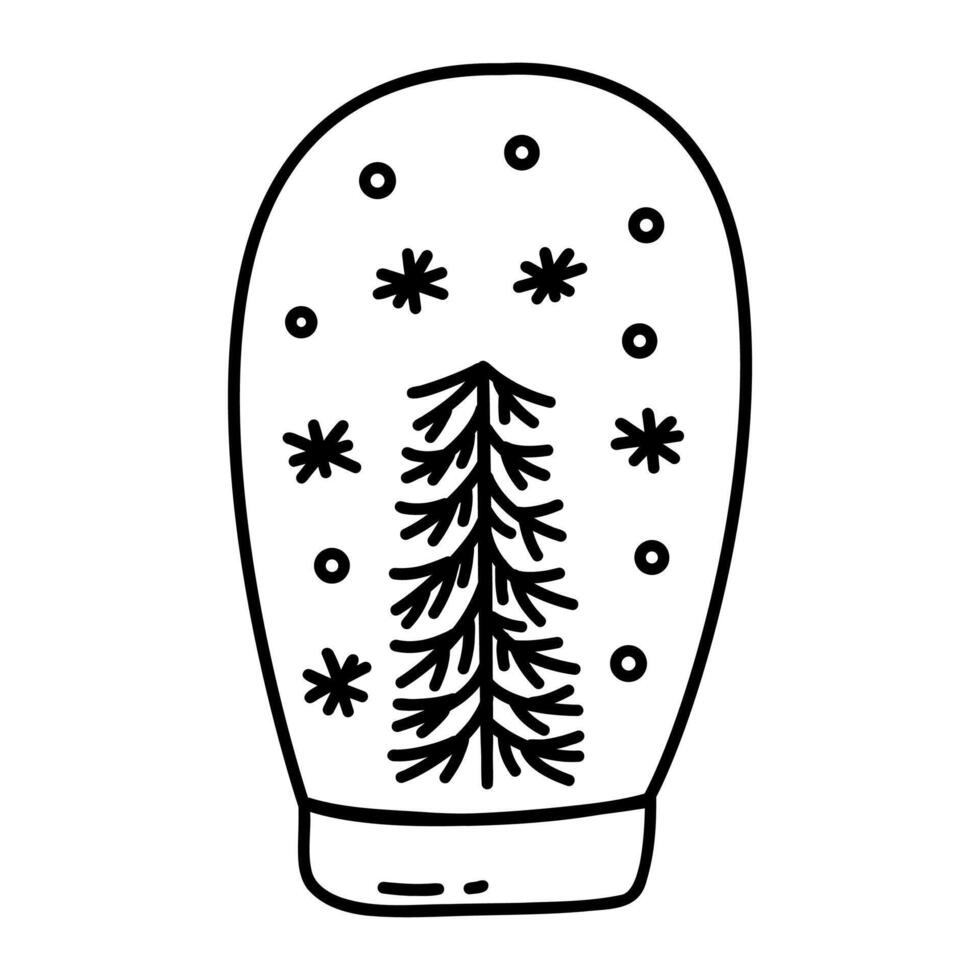Snow ball with Christmas tree and snowing. doodle vector