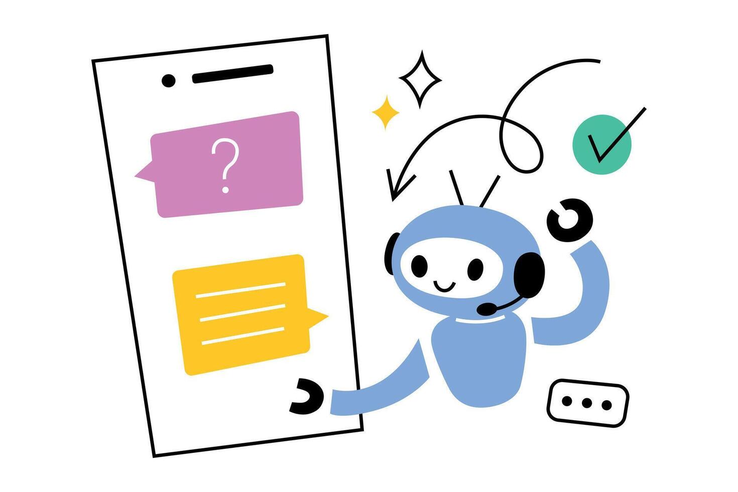 illustration of cute chatbot character helping with communication on mobile device, modern design in flat cartoon style, AI assistance in smartphone app, artificial intelligence concept vector