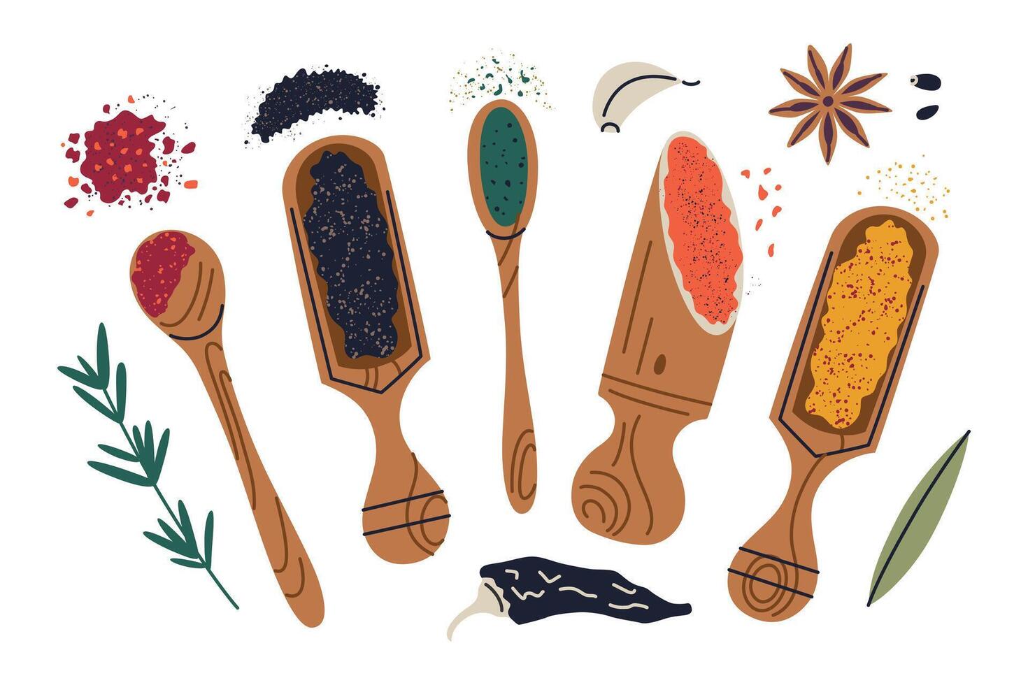 Colorful illustration of spices and herbs, doodle set with wooden spoons and scoops, turmeric ground, chili, garlic, and anise. Flat cartoon design, ideal for cooking, food, and kitchen themes vector