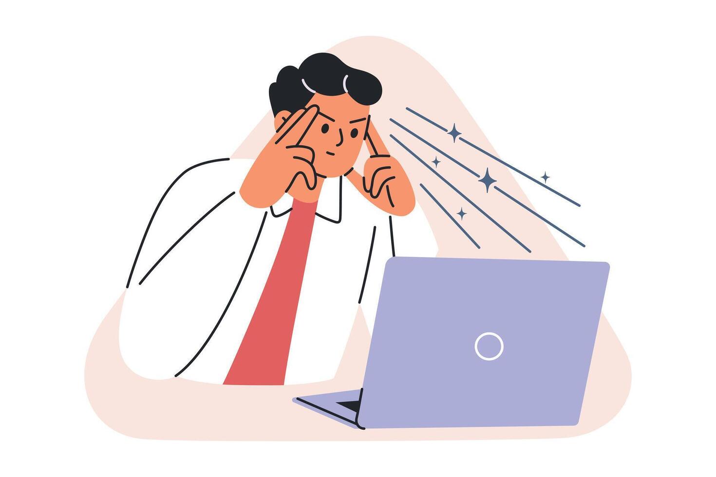 illustration of focused man working on laptop, concentration, creativity, and productivity concept. Flat cartoon design for office, psychotherapy and psychology, and business concepts vector