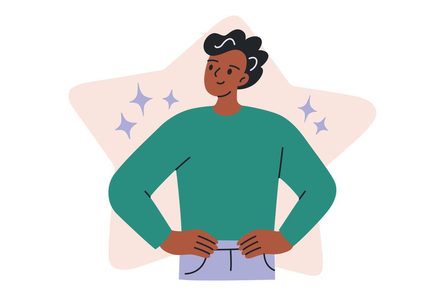illustration of confident person standing with smile, hands on hips, and star shaped background. Self confidence psychology concept. Flat cartoon design, positive and inspiring character vector