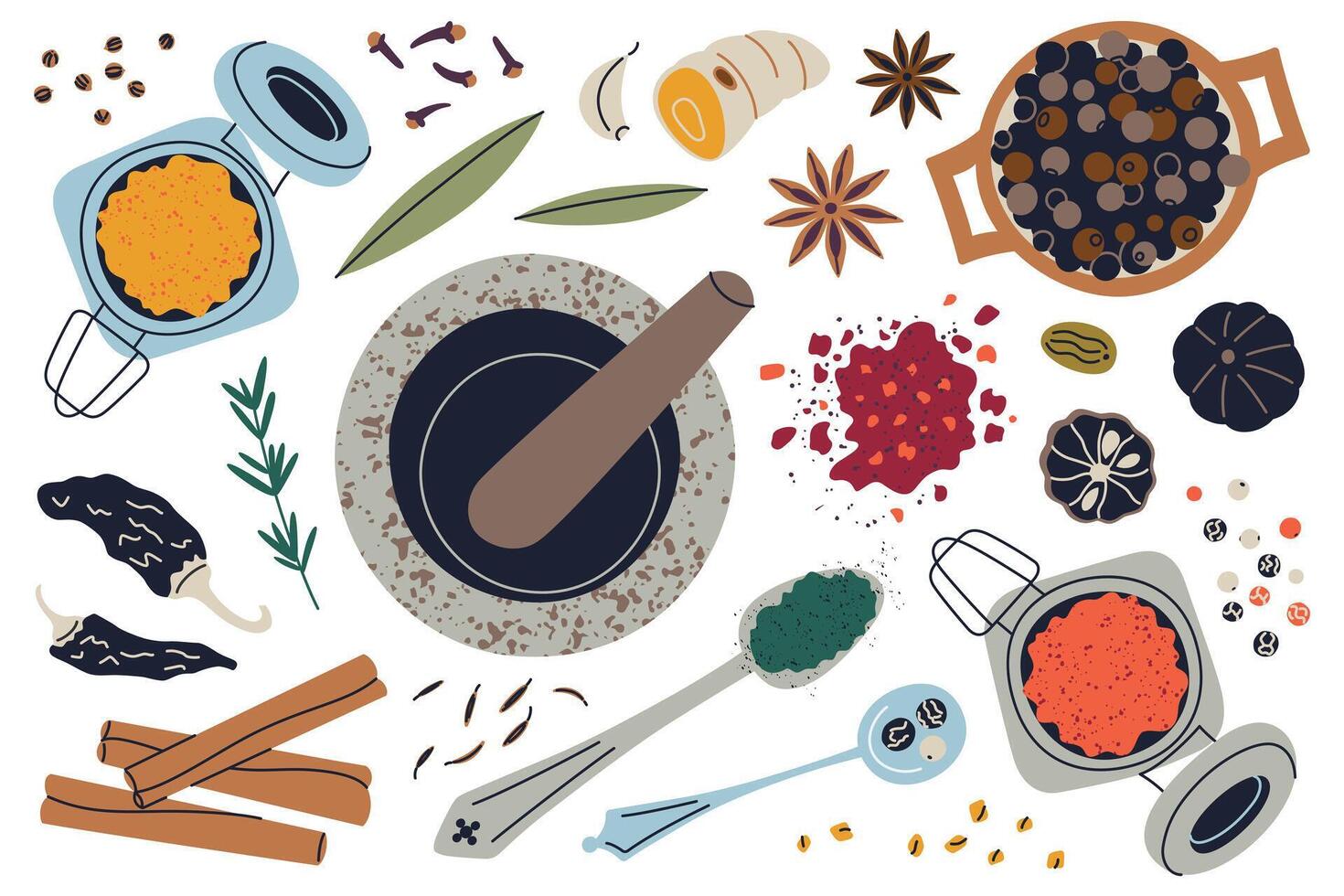 illustration of flat cartoon spice collection with mortar, pestle, and colorful ingredients like cloves, cinnamon, turmeric, star anise. Perfect for food design, seasoning, and kitchen decor vector
