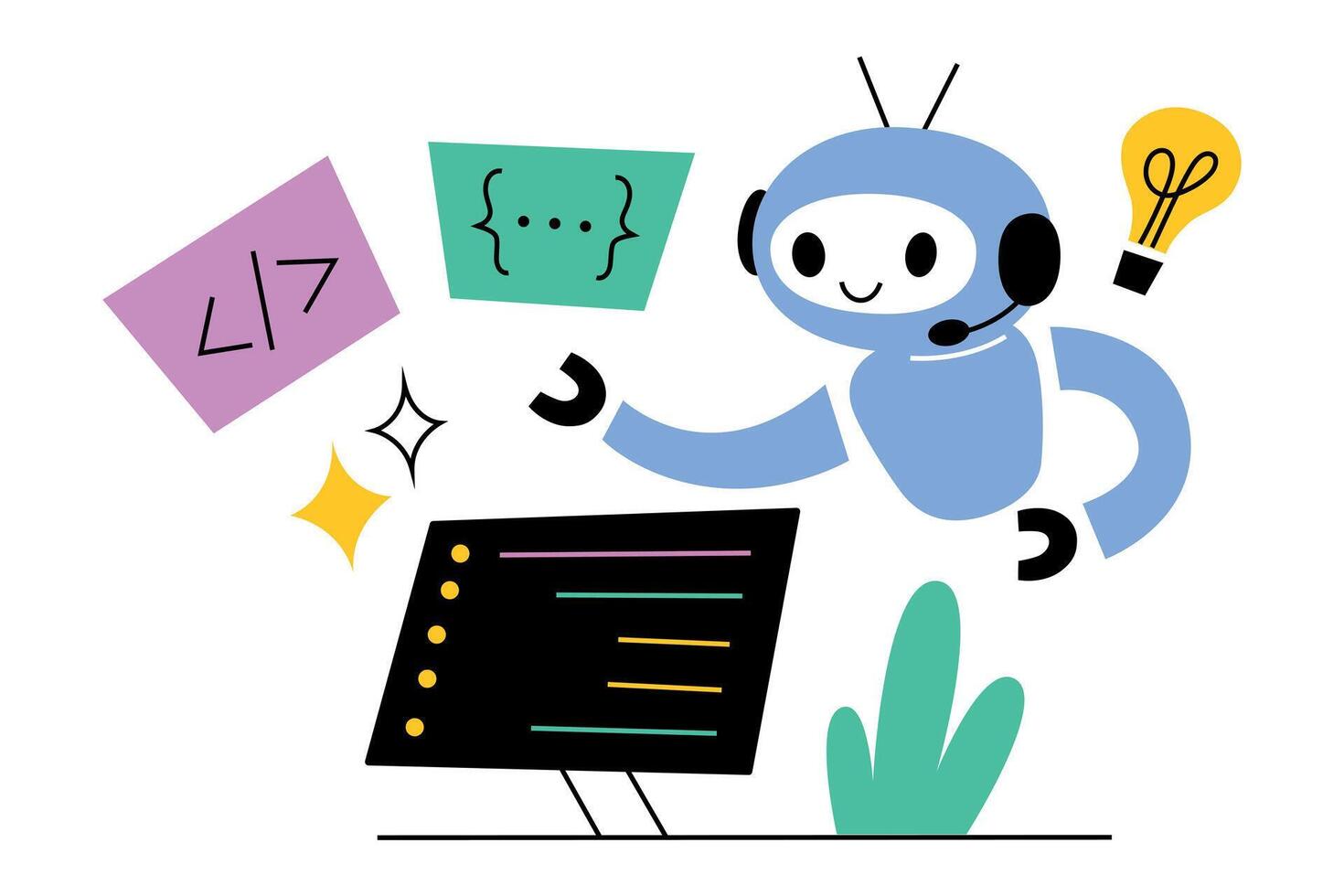 Cartoon robot writing code, programming software, artificial intelligence assisting developers. Futuristic technology concept, doodle icons. illustration in flat, and cartoon style vector