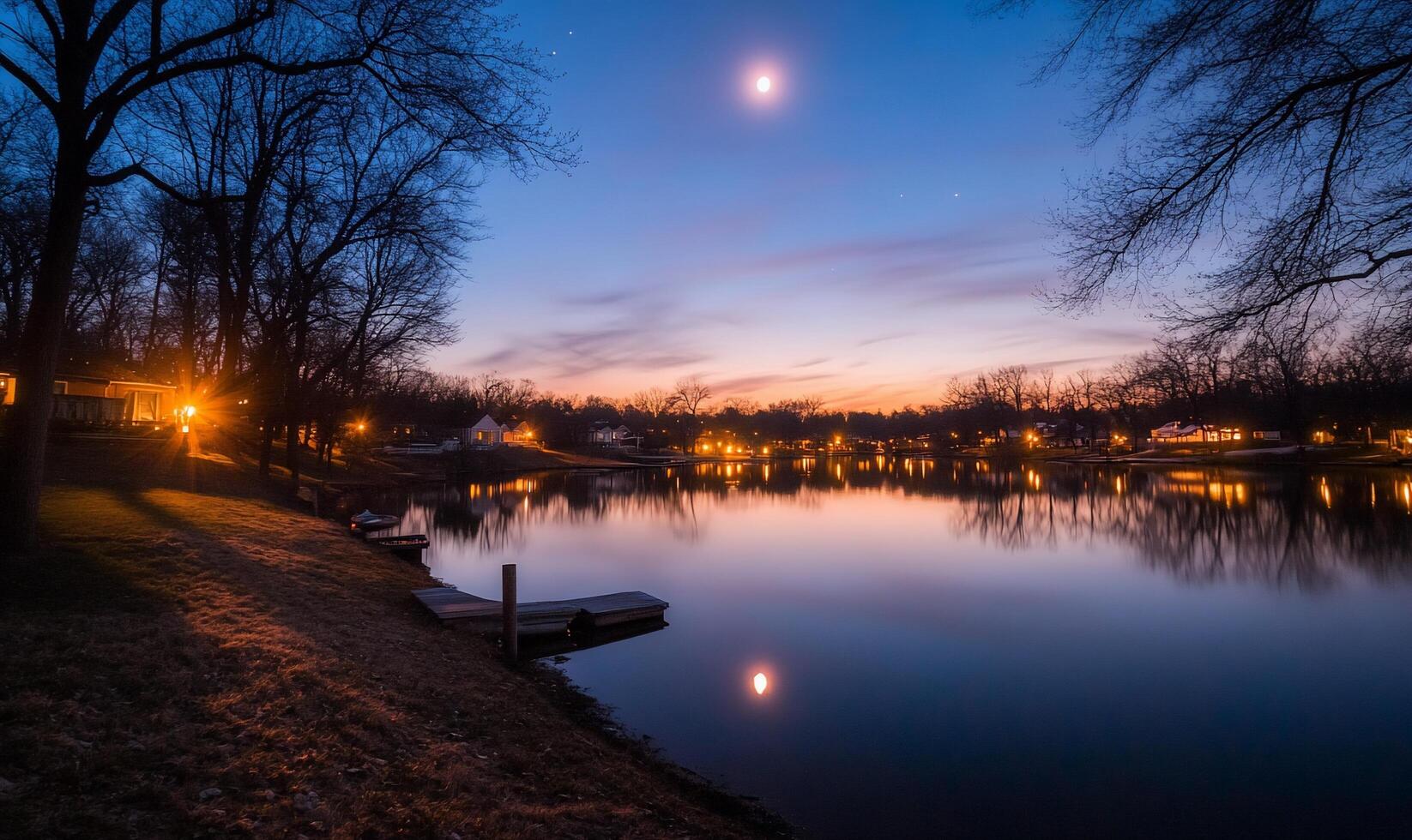 A lake at dusk with a moon and a boat photo