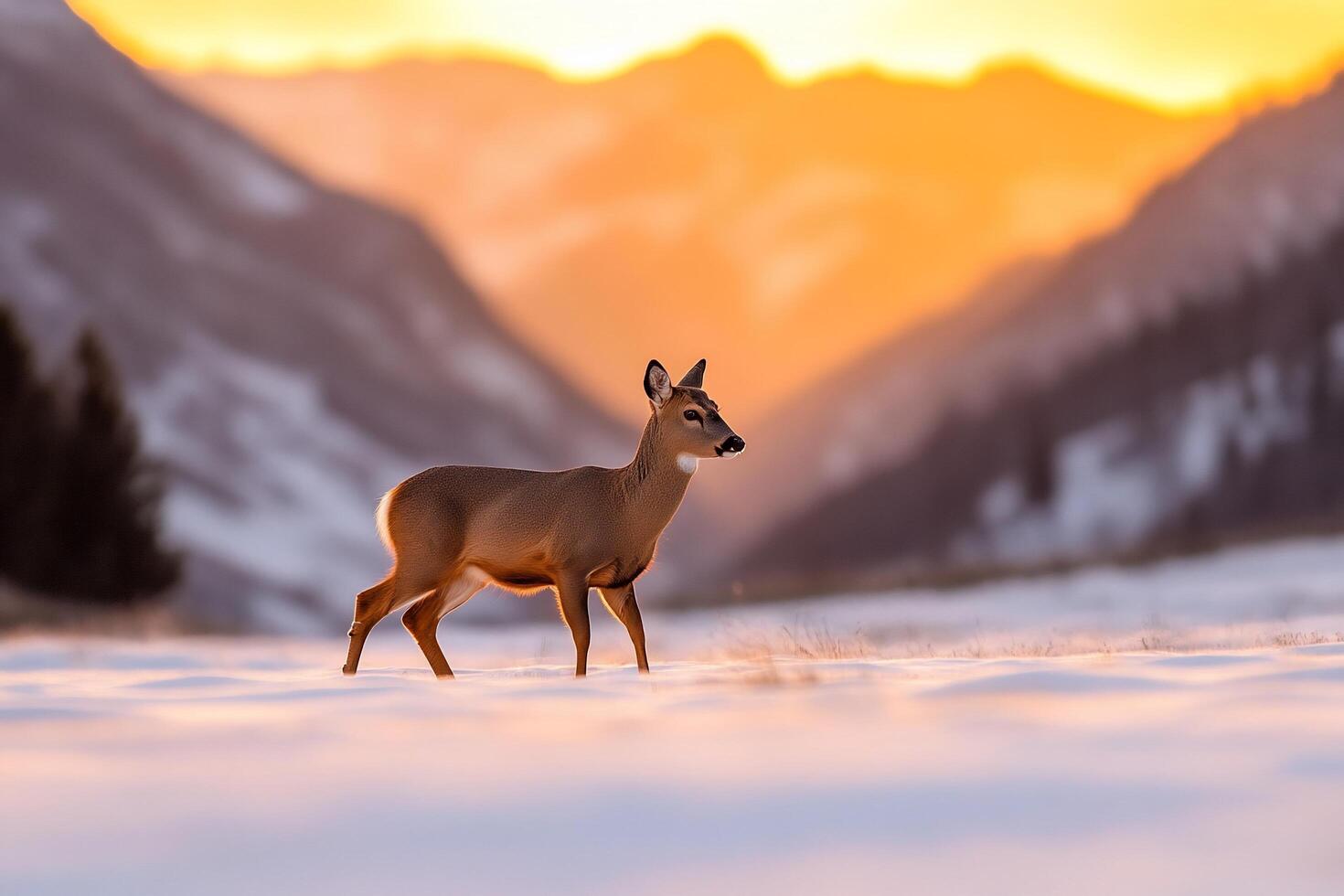 A deer stands in the snow at sunset photo