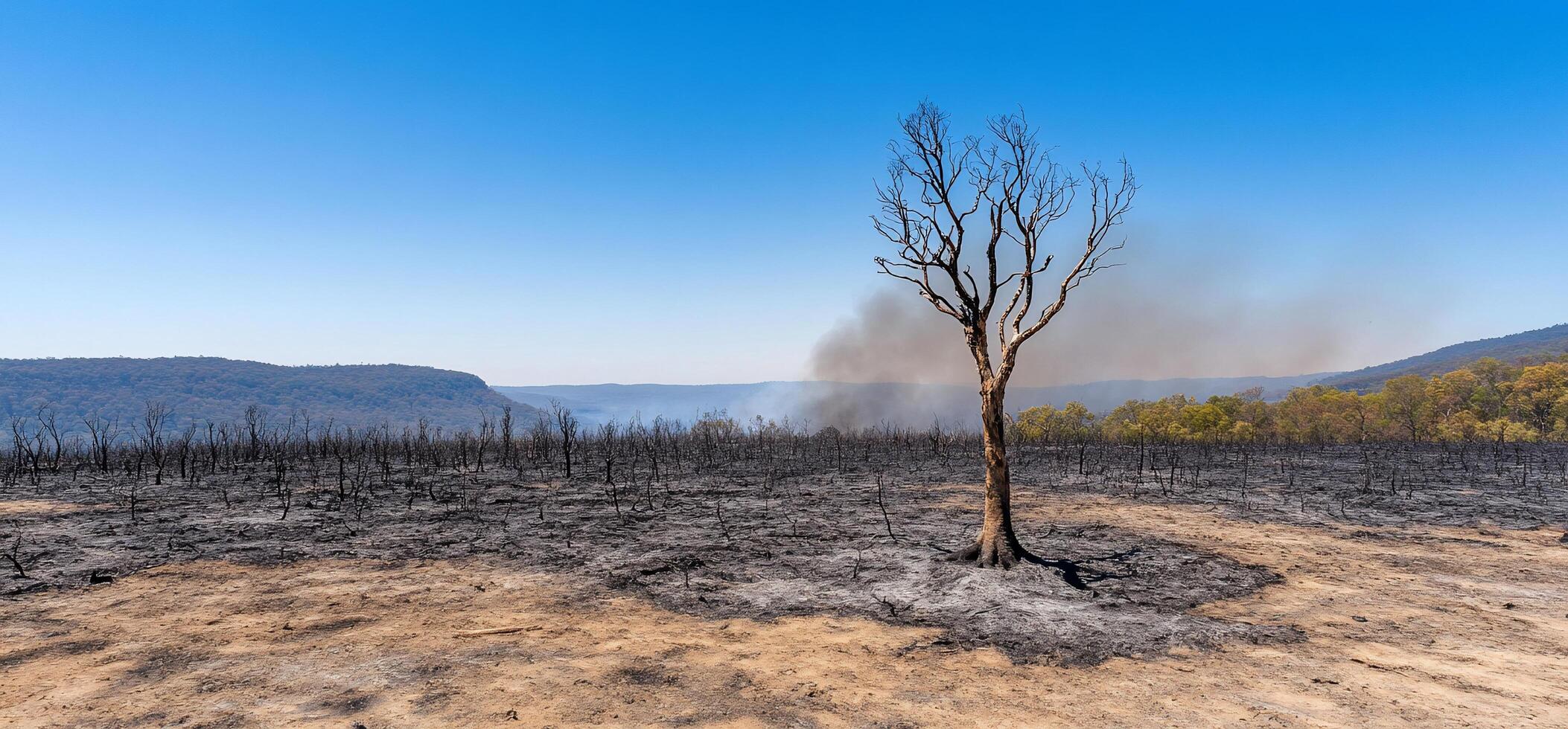 A dead tree in the middle of a burnt field photo