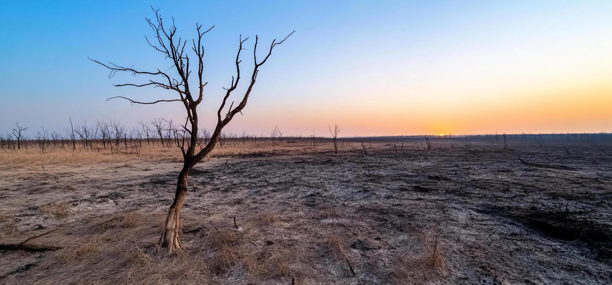A dead tree in the middle of a burnt field photo