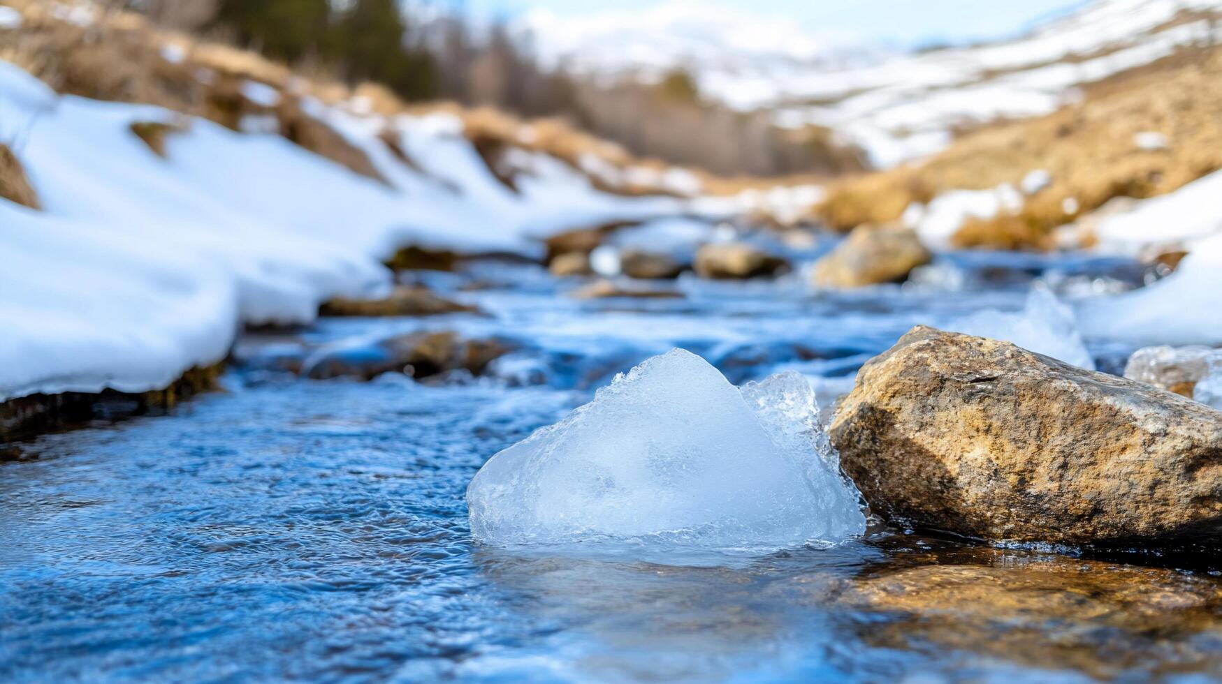 Ice in a stream near rocks photo
