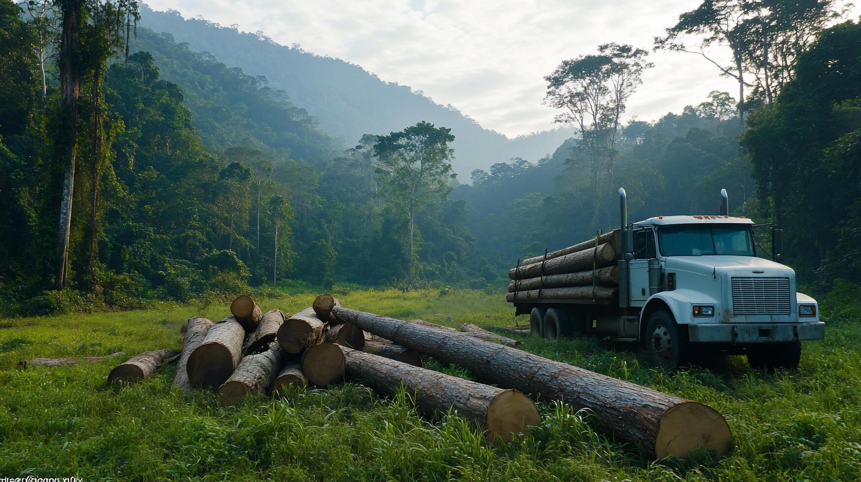 A truck is parked in a field with logs photo