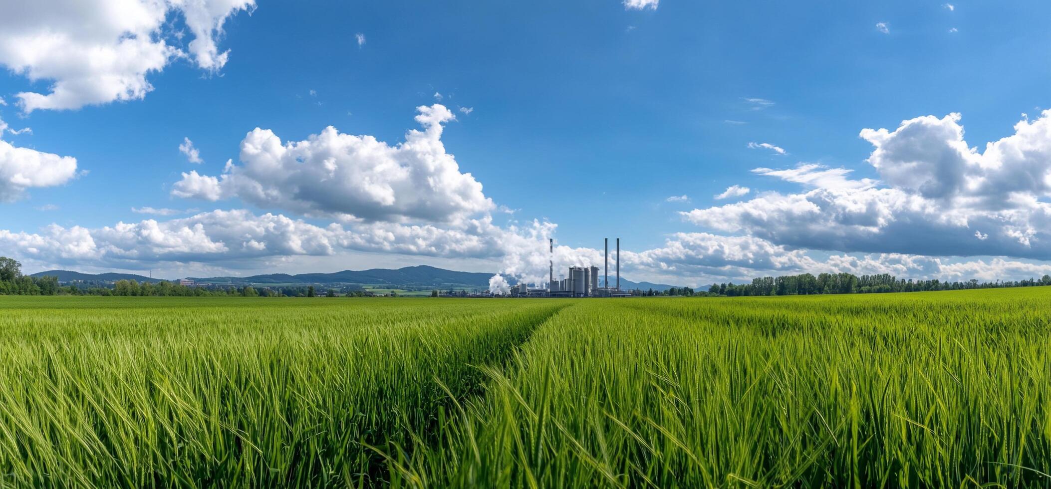 A green field with a power plant in the background photo