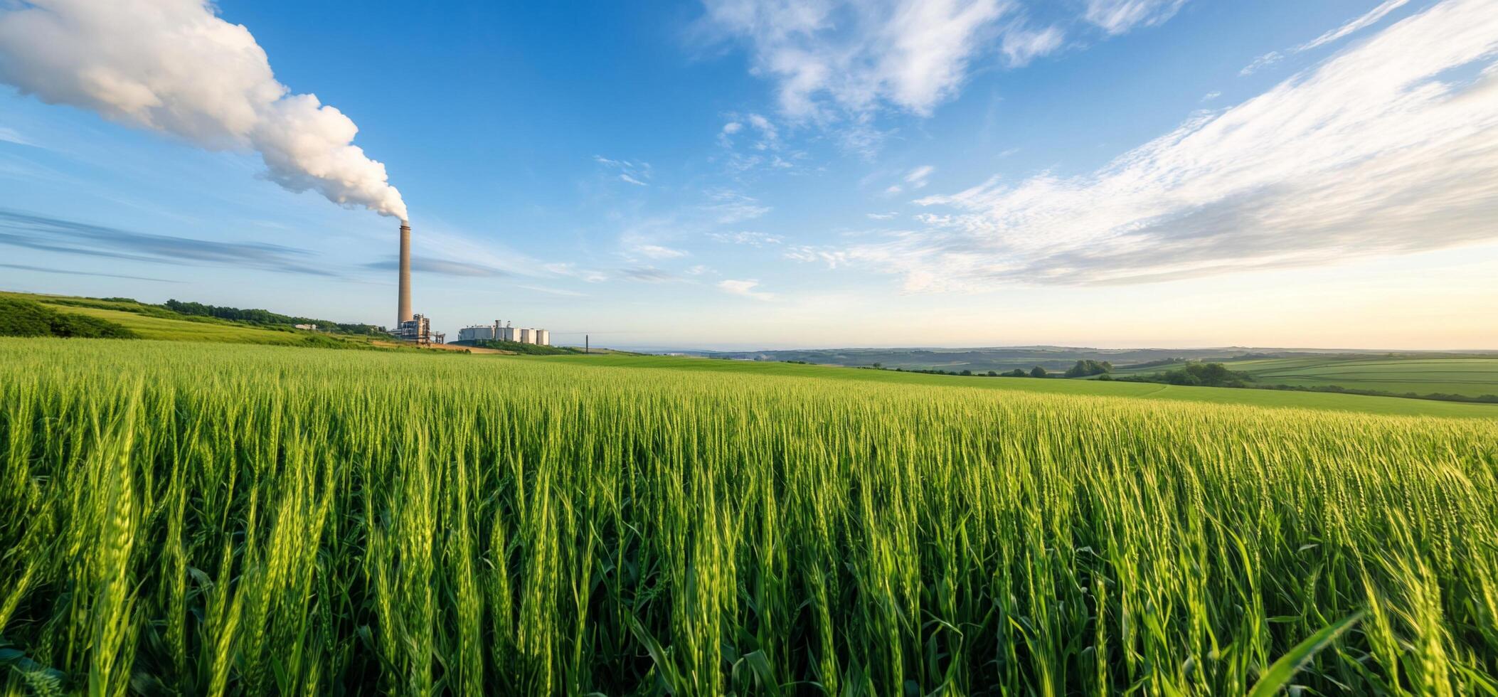 Green field with factory chimney and smoke stack in the background photo