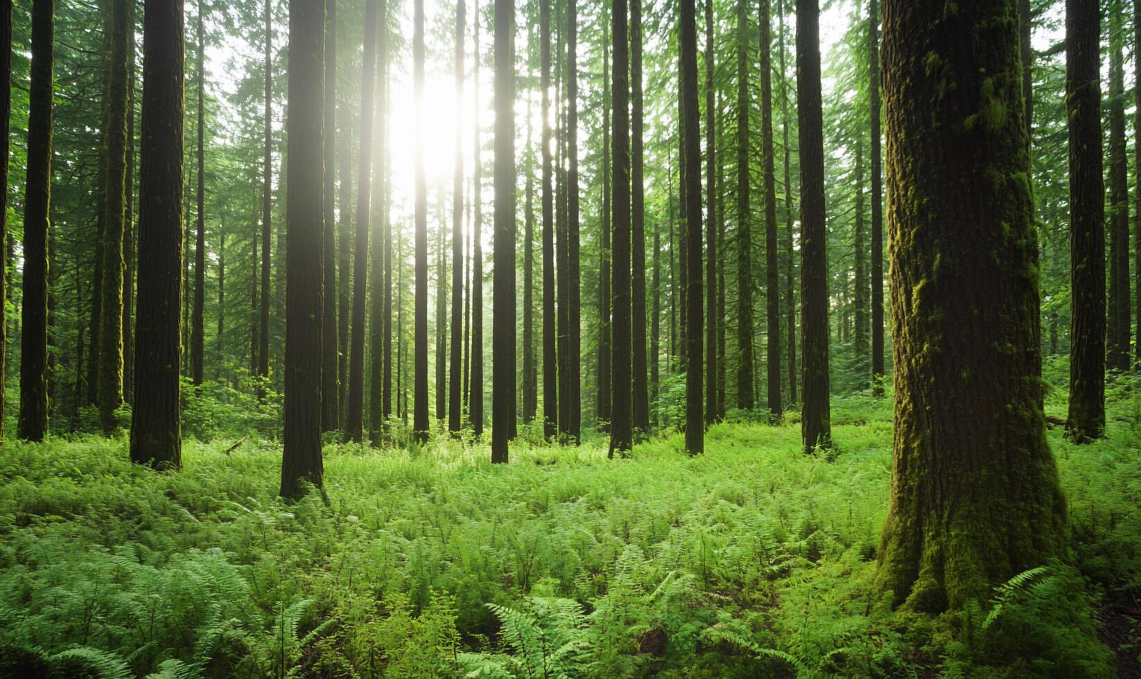 A forest with tall trees and green grass photo