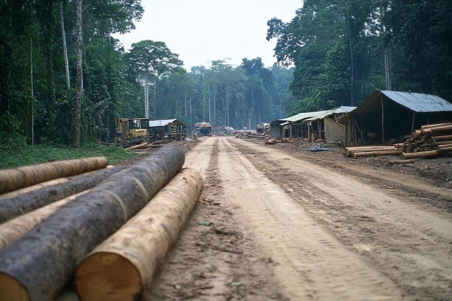A dirt road with a lot of logs on it photo