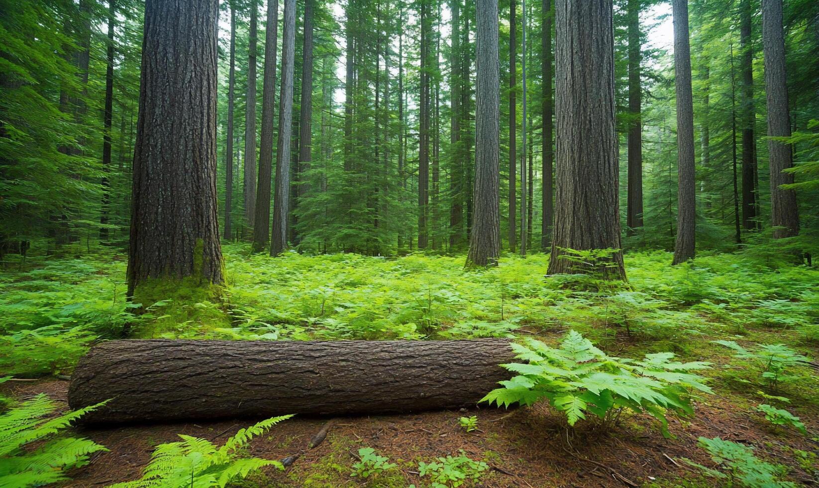 A large log sits in the middle of a forest photo