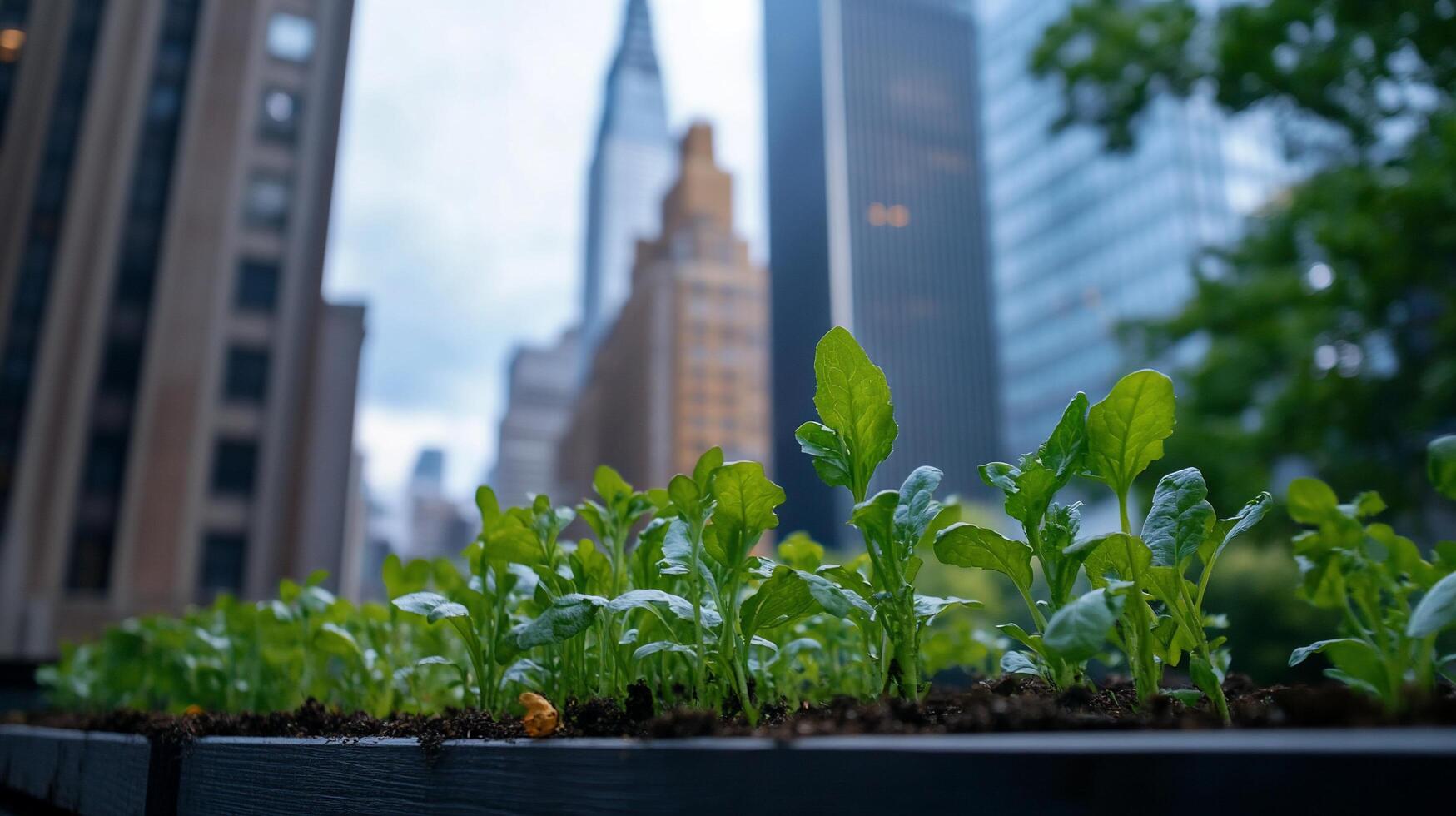 A city skyline with plants growing in the foreground photo