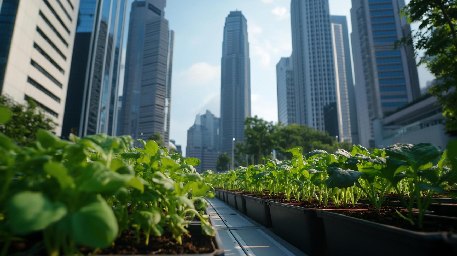 A row of plants in a city with tall buildings photo