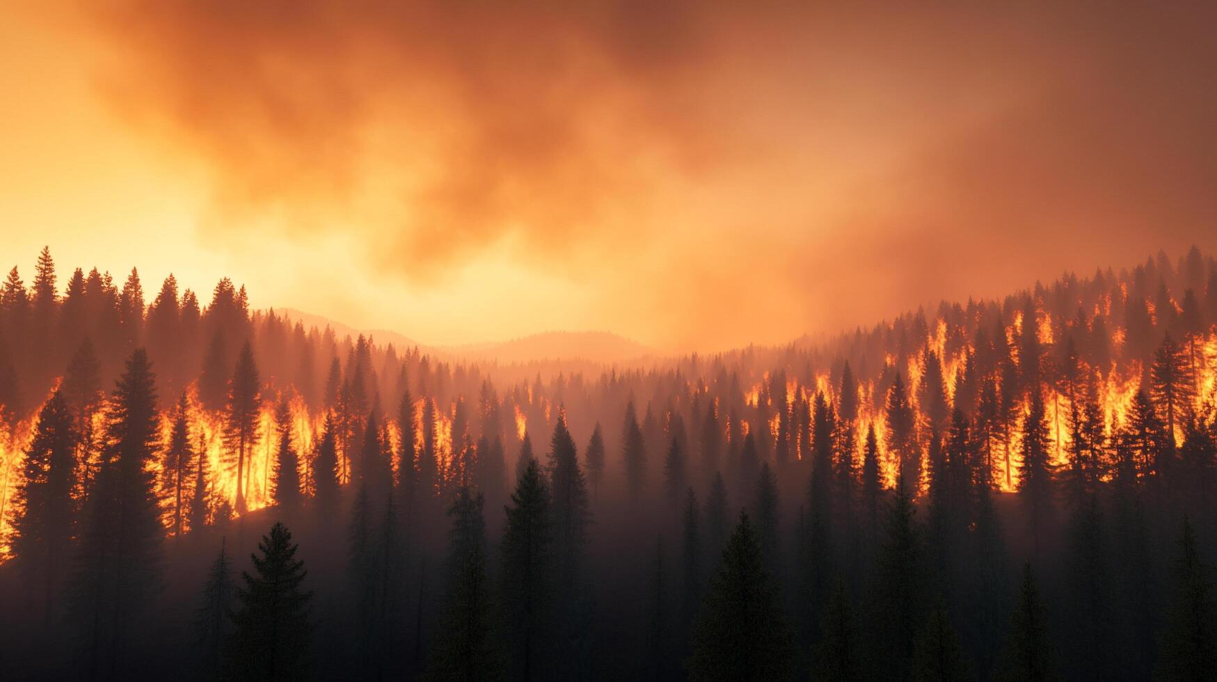 A forest fire is burning in the distance photo