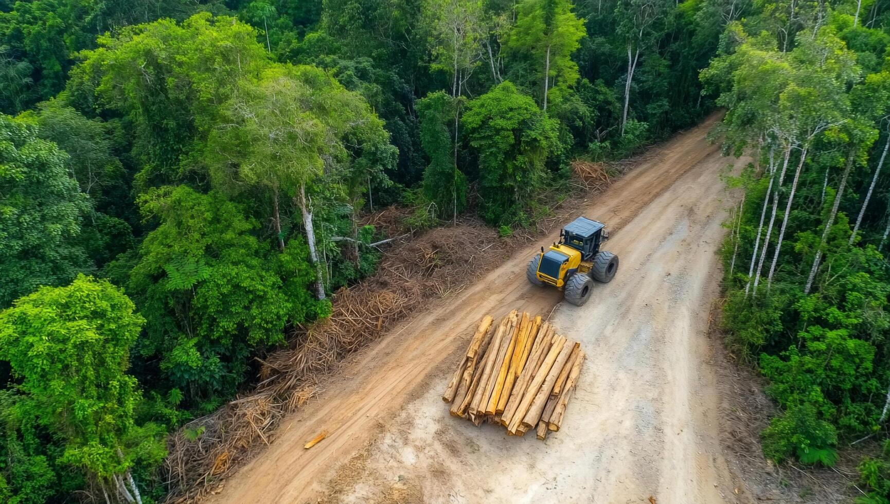 A bulldozer is driving down a dirt road in the middle of a forest photo