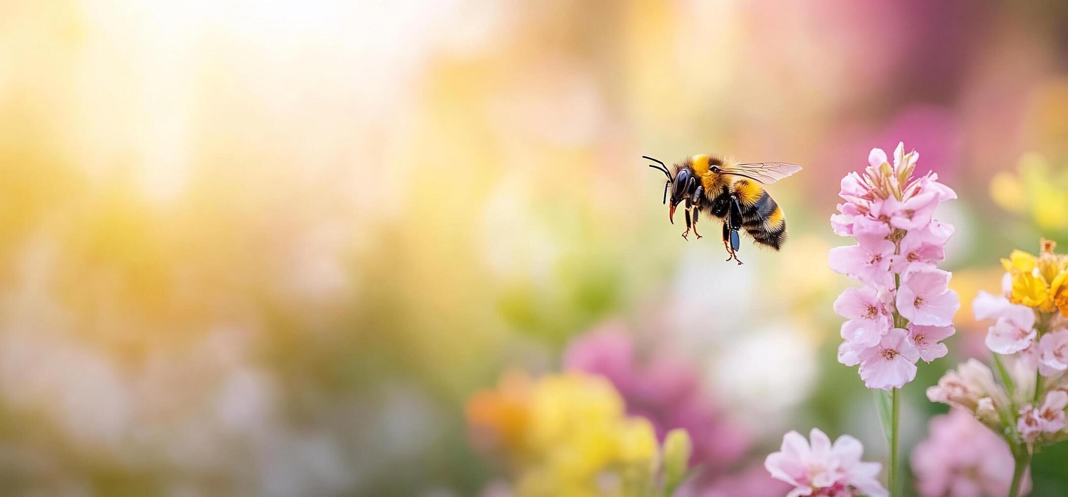 A bee flying over a field of flowers photo