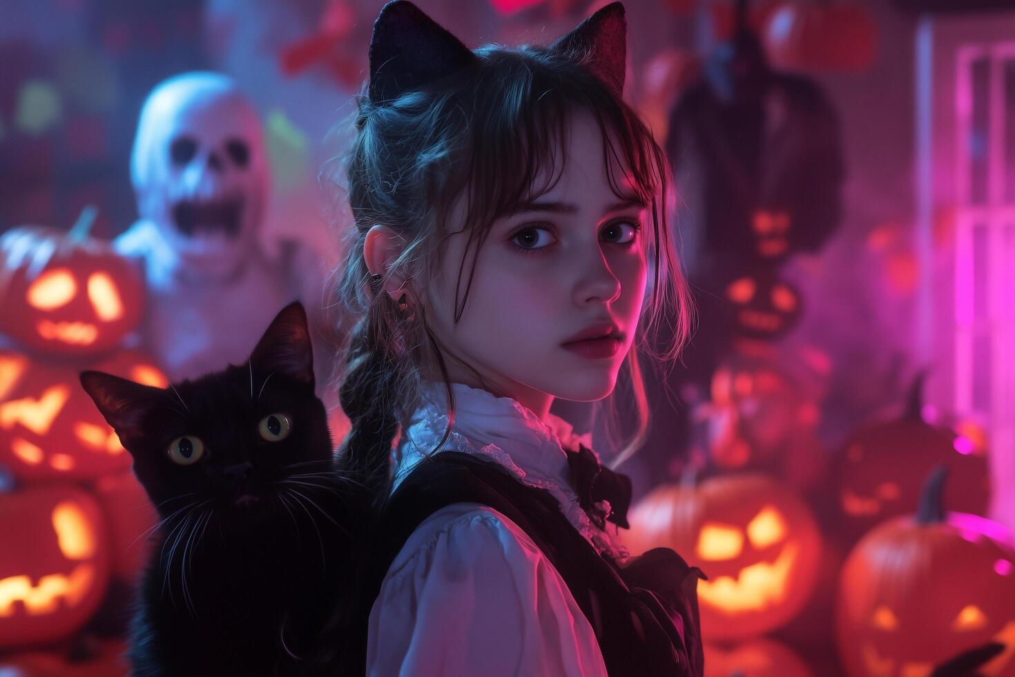 A girl in a halloween costume holding a black cat photo