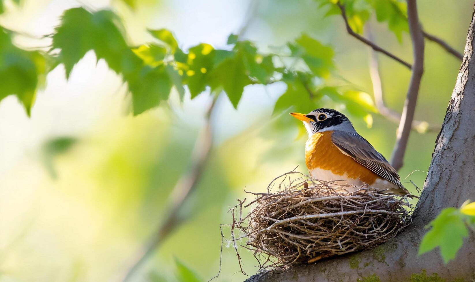 A robin sits on top of a nest in a tree photo