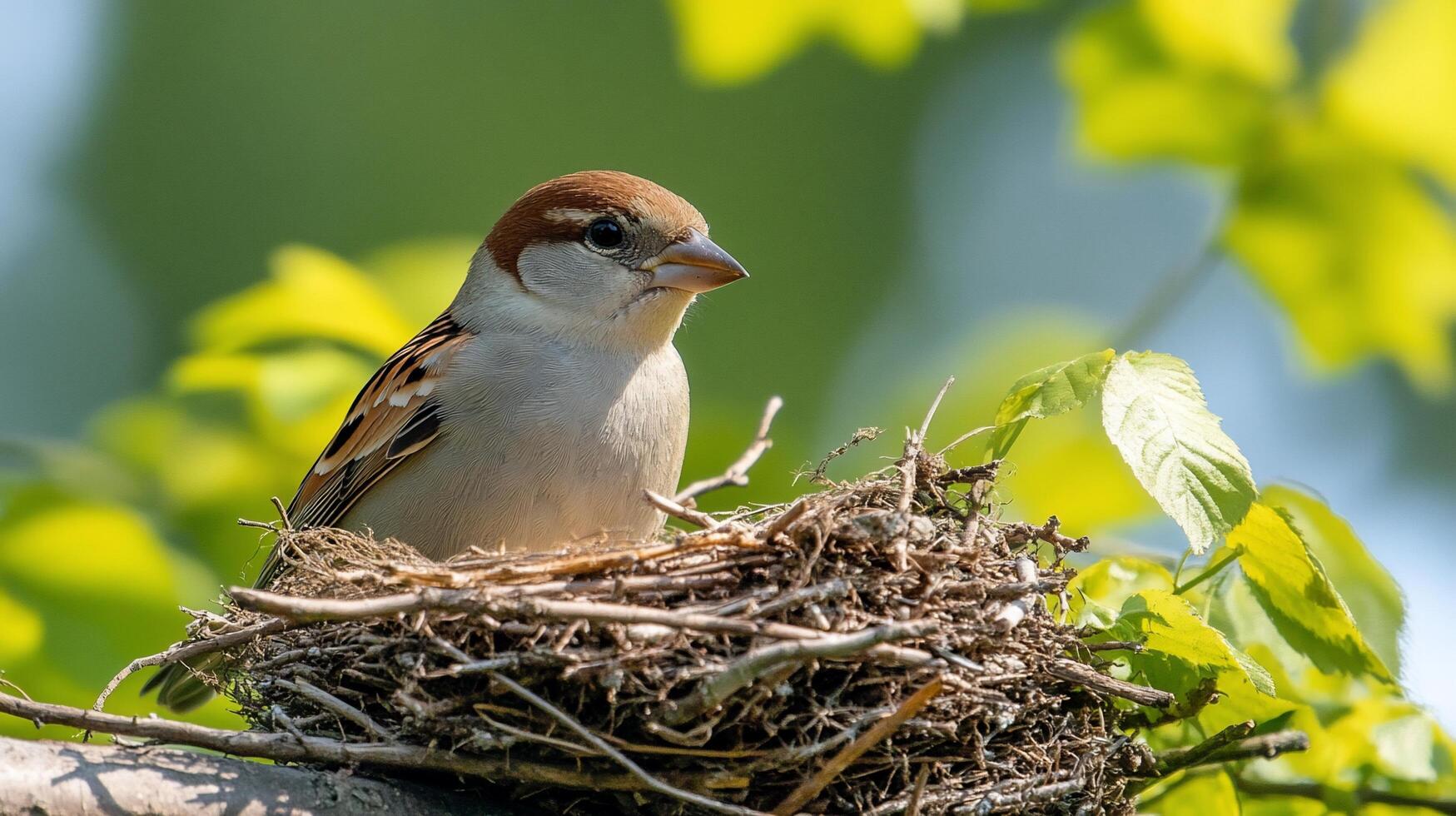 A bird sits on top of a nest in a tree photo