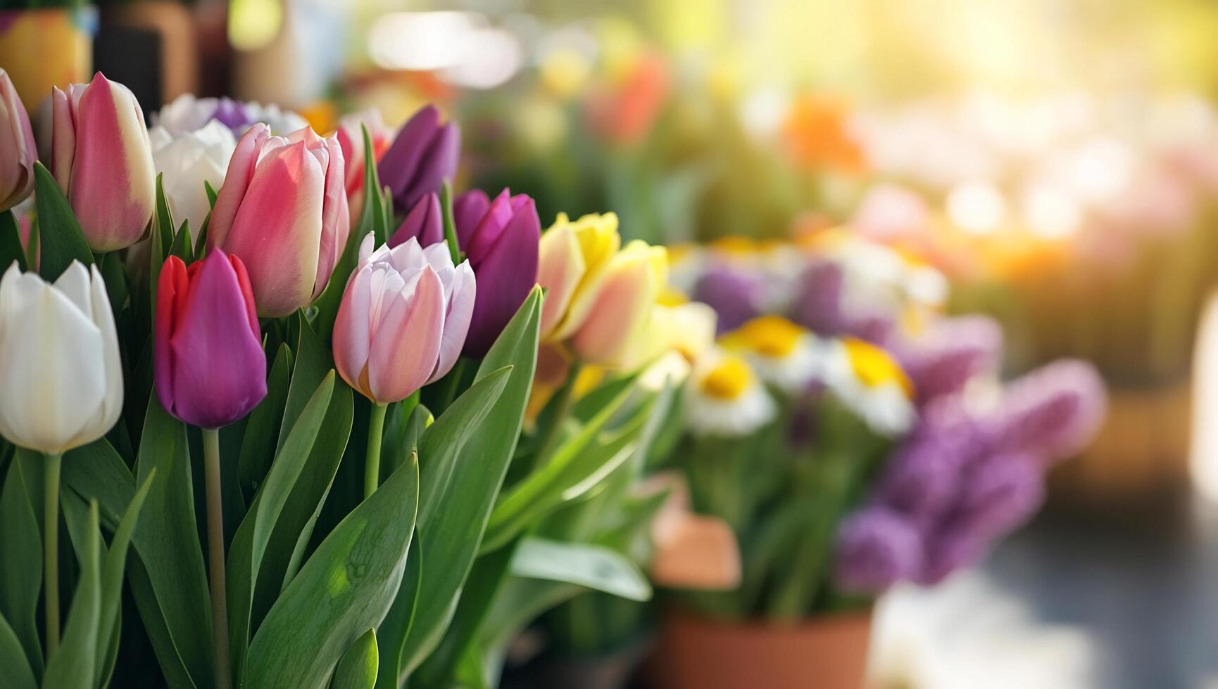 Colorful tulips in pots at a flower shop photo