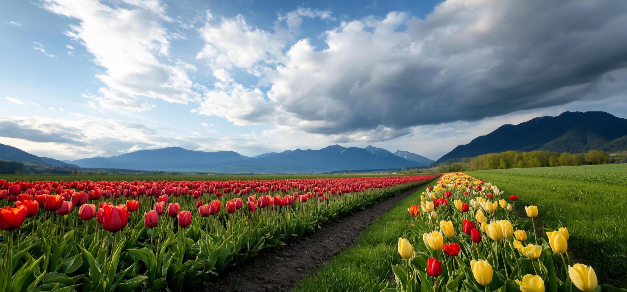 A field of tulips with mountains in the background photo