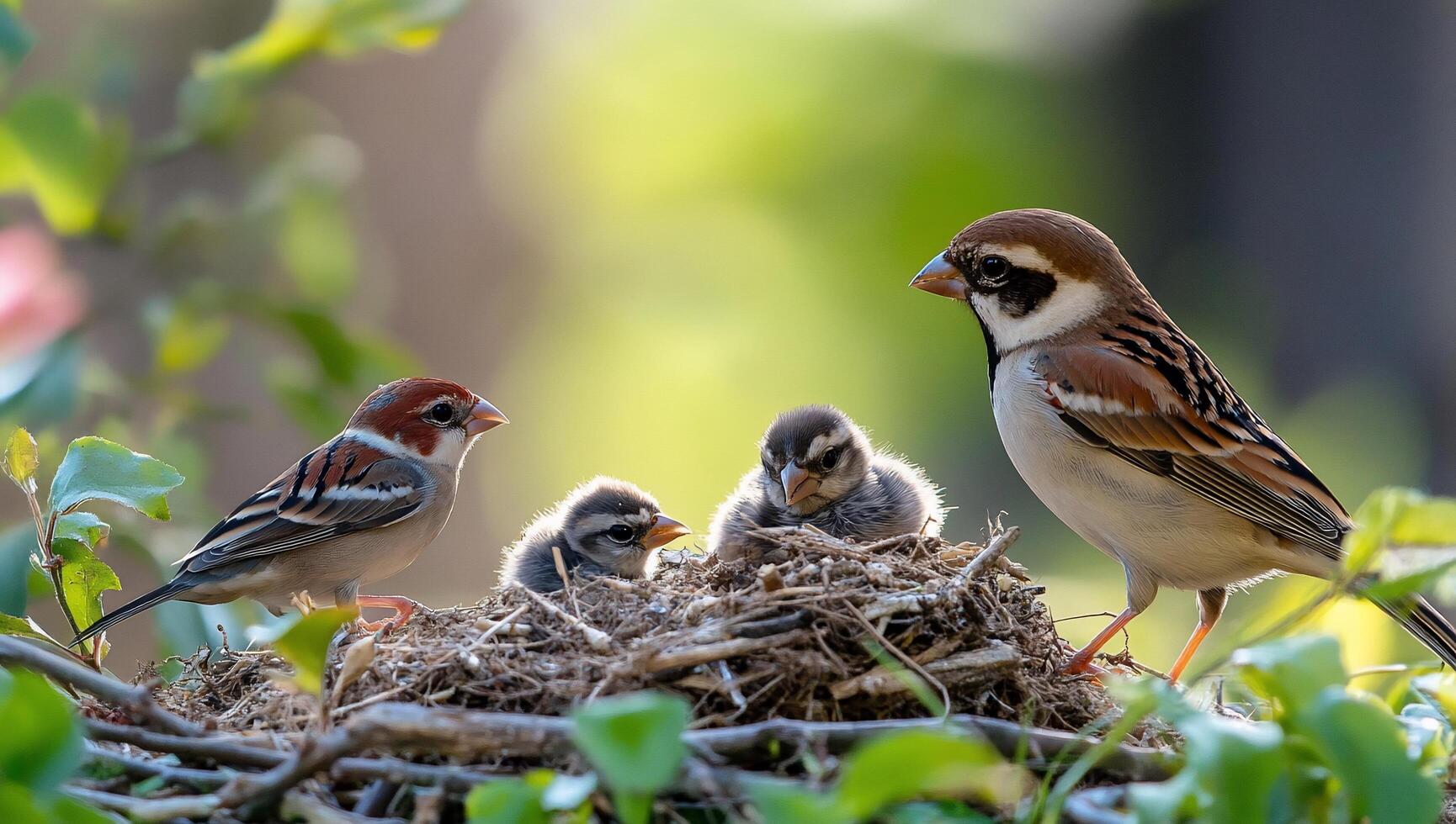 A family of birds in a nest with a baby bird photo