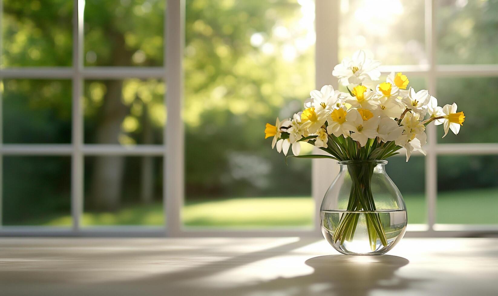 A vase of flowers sitting on a table in front of a window photo