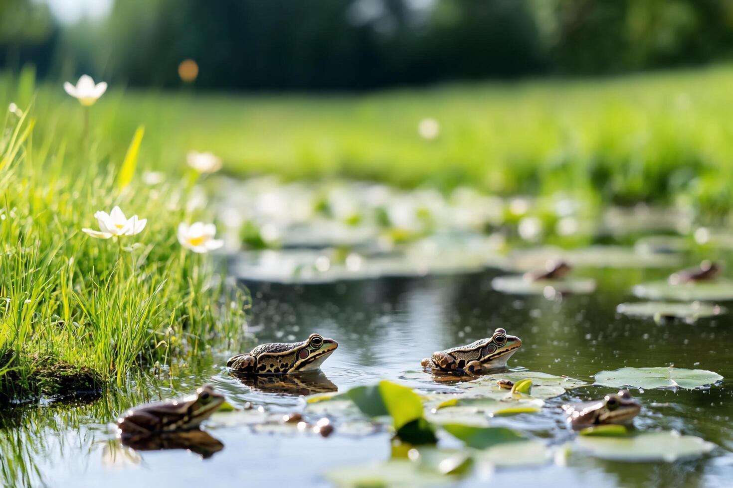 Frogs in a pond in the middle of a grassy field photo