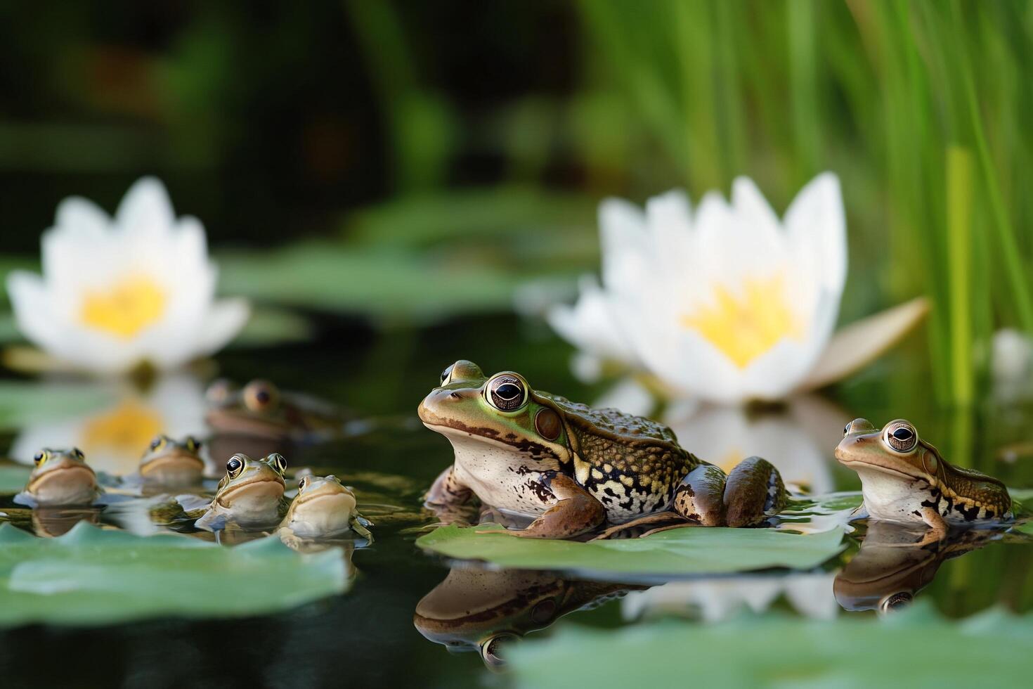 Frogs and lily pads in a pond photo